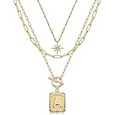 MJartoria Layered Initial Necklaces for Women Trendy, 14K Gold Plated Brass Simple Star Choker Square Letter Pendant Necklace, Paperclip Chain Necklaces Jewelry Gifts