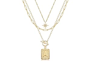 MJartoria Layered Initial Necklaces for Women Trendy, 14K Gold Plated Brass Simple Star Choker Square Letter Pendant Necklace, Paperclip Chain Necklaces Jewelry Gifts