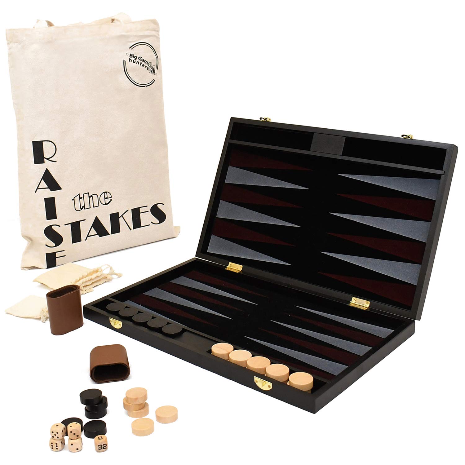 Big Game Hunters Backgammon Board Game Set with Portable Folding Wooden Board and Cotton Tote Bag - Backgammon Travel Set