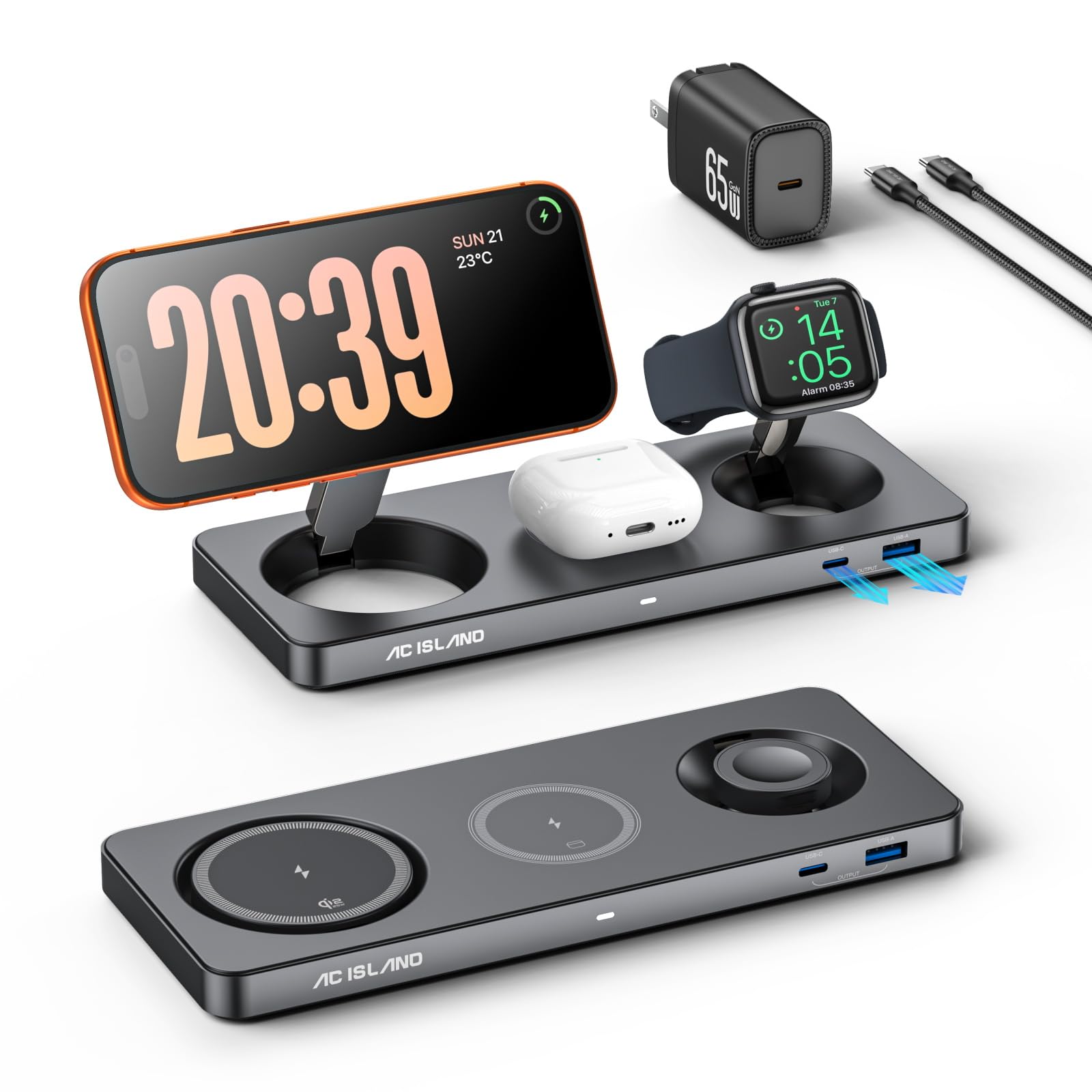 AC ISLAND 5-in-1 Qi2.2 Wireless Charger for MagSafe, 25W Foldable Magnetic Stand, Travel Charging Station for iPhone 17-12 & Air Series, Apple Watch, AirPods, with 65W GaN Adapter (Gray, for Apple)