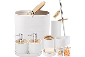 XLHOMO White Bathroom Set, White Bathroom Accessories Set with Trash Can, 2PCS Soap Dispensers, Soap Dish, Toothbrush Holder, Toothbrush Cup,Toilet Brush, Tray and Qtip Holders for Bathroom Decor