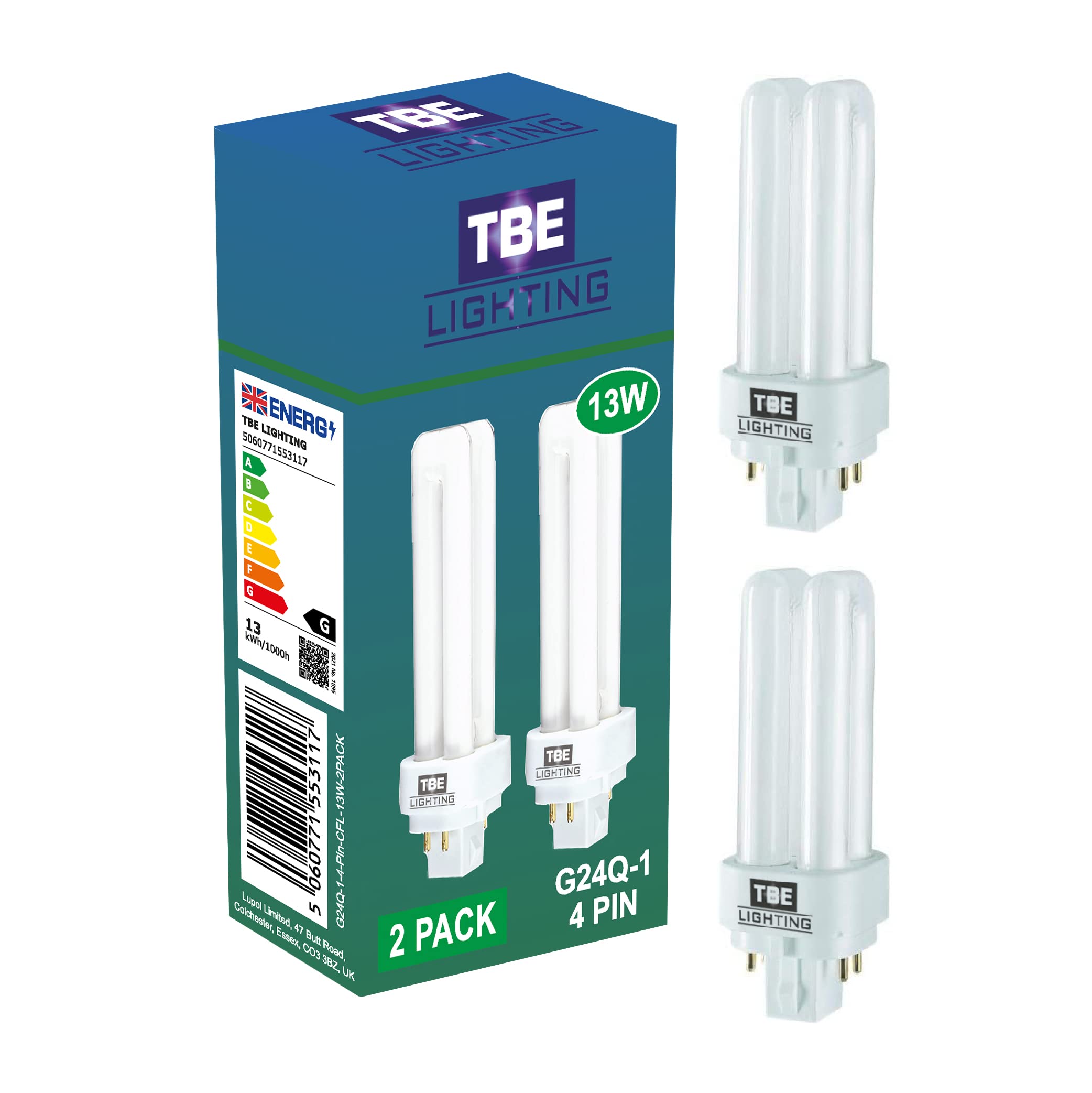 TBE LIGHTING 13w G24Q-1 4-Pin CFL Lamp - Pack of 2 Units - Cool White 4000K, 900 Lumen/Double Turn CFL Compact Fluorescent Light
