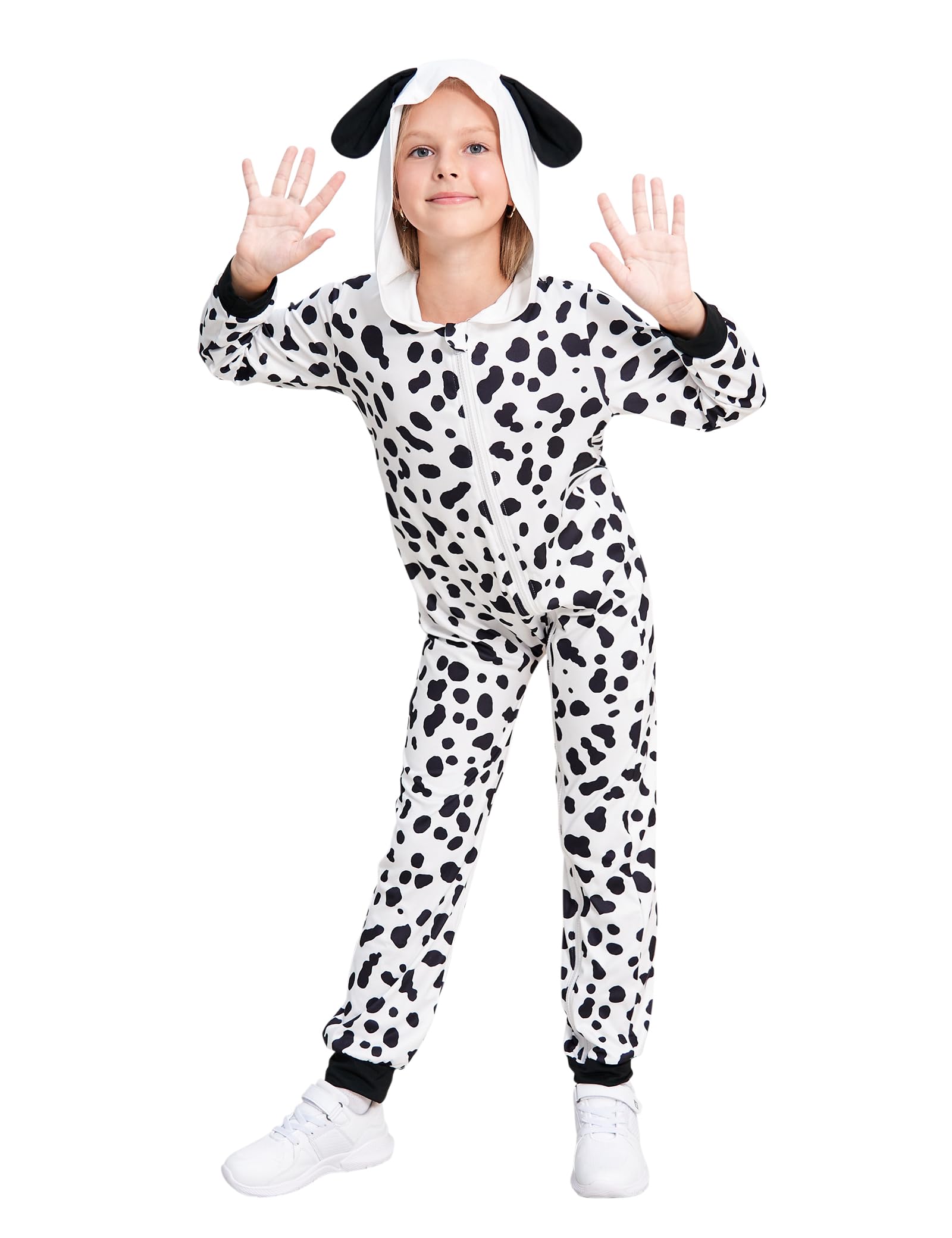 Photo 1 of RCPATERN Funny Halloween Costumes Kids Animal Costume Unisex Dalmatian Hooded Jumpsuit For Kids Black and White Halloween Outfit for 10-11 Years