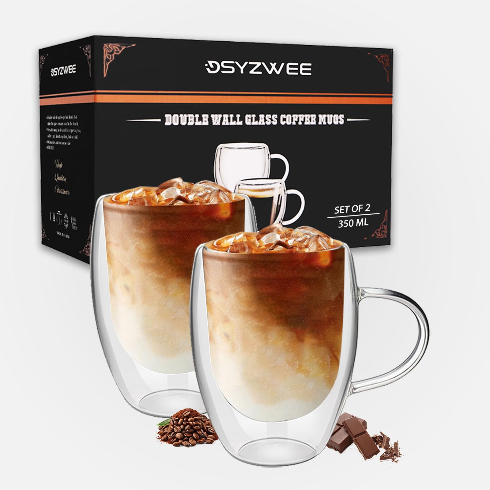 DSYZWEE Double Walled Glass Coffee Mugs, 350ML Insulated Latte Glasses Mugs, 2 Pack Hollow Insulated Glass Coffee Cups with Handle, for Latte, Cappuccinos, Heat Resistant