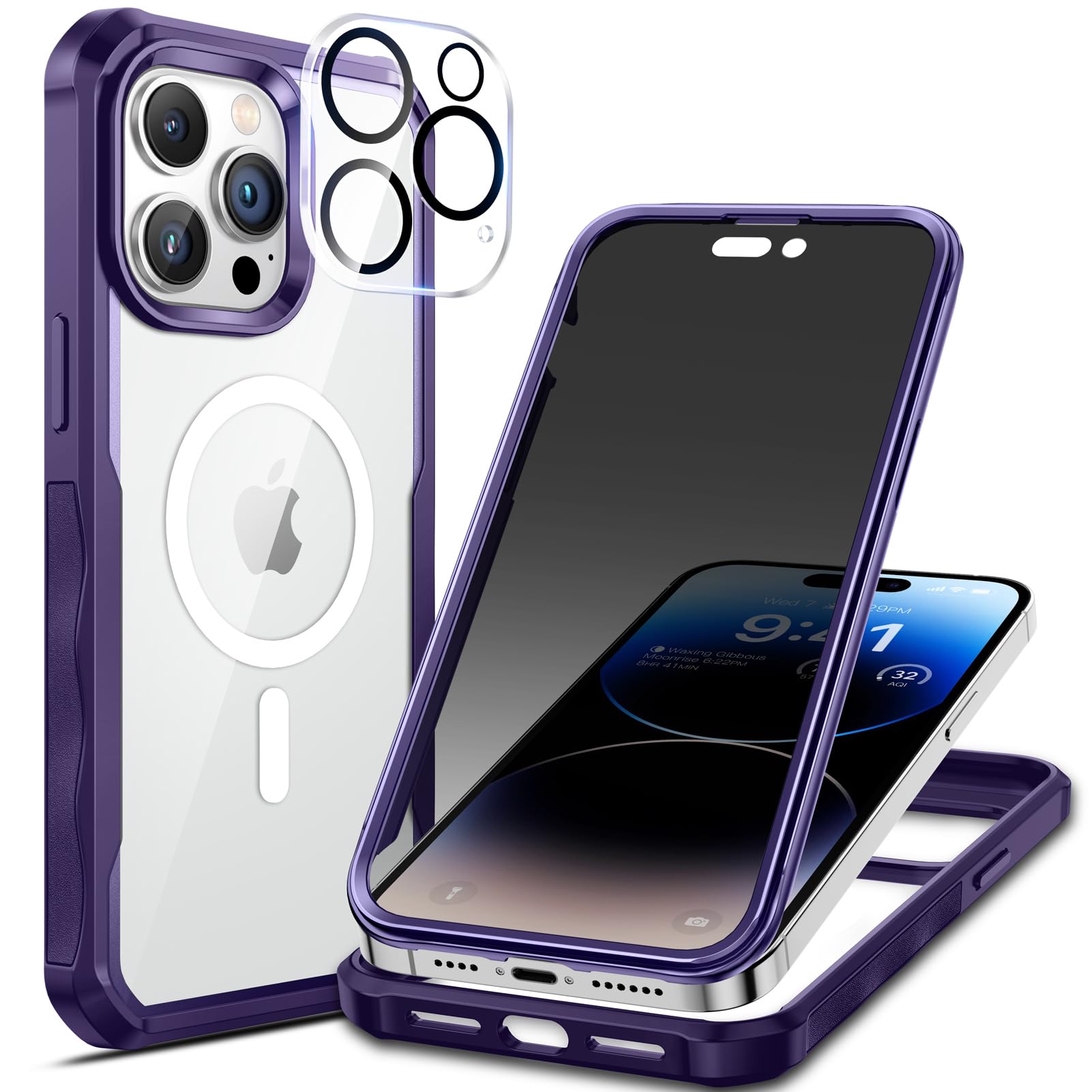 Photo 1 of seacosmo for iPhone 14 Pro Case, Full Body Bumper with Built-in 9H Tempered Glass Privacy Screen Protector and Camera Lens Protector, Compatible with MagSafe, Shockproof Phone Case, 6.1", Purple