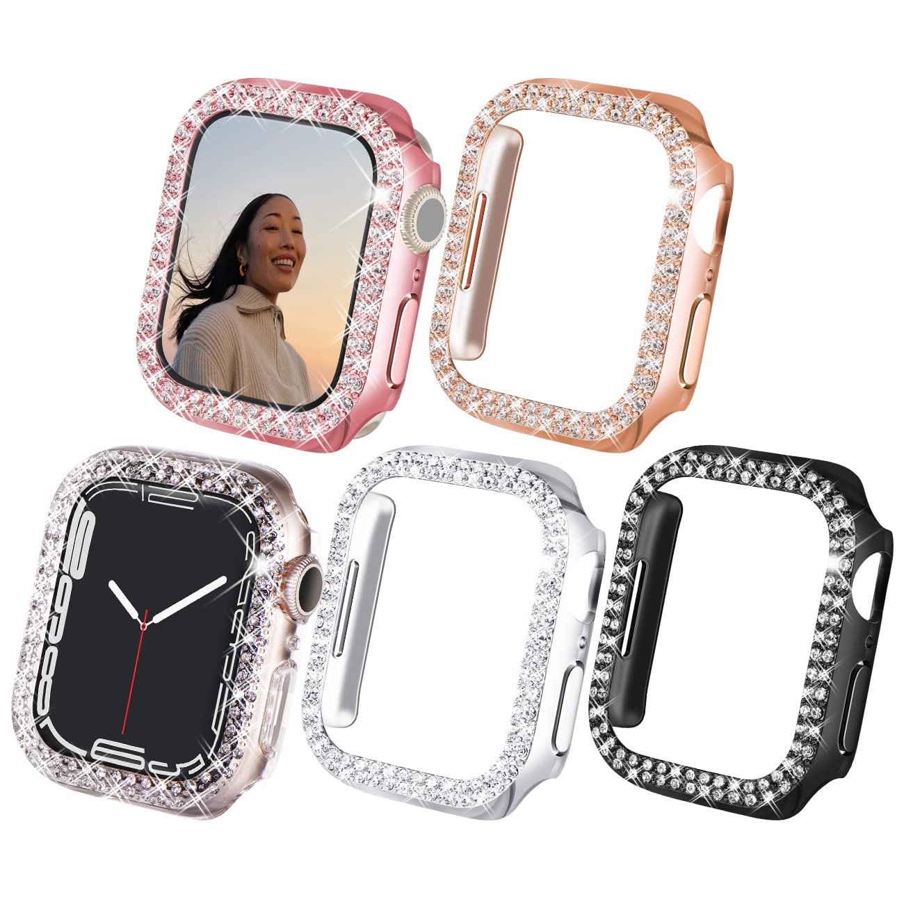 Newways 2-pack Women Bling Screen Protector with Diamond Compatible with Apple Watch Series 3 2 1 42mm,Overall Protective Case for iWatch without Protective Film(Clear+Rose Gold+Pink+Black+Silver)
