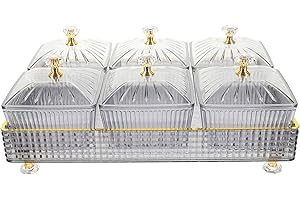 Ipetboom Glass Divided Snack Tray with Lid 6-Section Grey Serving Dish for Home Party Bar Use