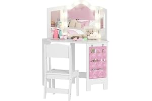 Qaba Kids Girl Vanity Set with Mirror Stool Lights, 2 in 1 Makeup Dressing Table with Side Storage Pocket, Pretend Play Toys 
