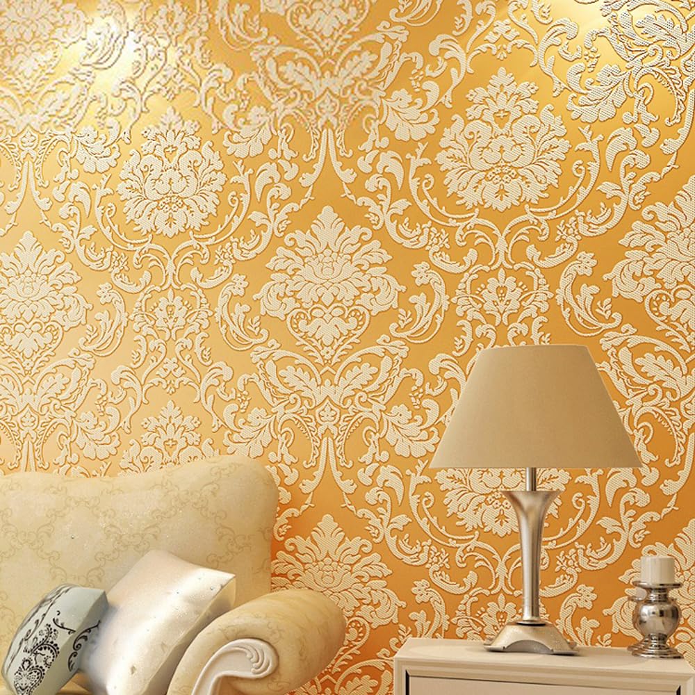 9.5X0.53M 3D Vintage Victorian 5 Colors Luxury Damask Embossed Flock Textured Non-Woven Wallpaper Roll for Bedroom Livingroom 1.73' W x 31.2' L=5.035㎡ (54sq.ft) (Gold)