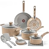 T-Fal Refresh Ceramic Nonstick Cookware Set, 12-Piece, Oven Safe to 350°F, Includes Stockpot, Griddle, Frying Pans, Utensils, Ceramic Pots and Pans Set, Sand Beige