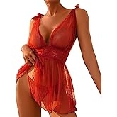 OYOANGLE Women's 2 Piece Polka Dots Lace Sheer Mesh V Neck Babydoll Teddy Lingerie Set