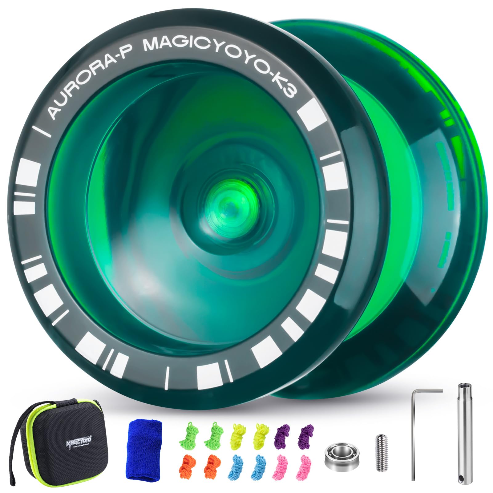 MAGICYOYO K3 Aurora-p, 2 in 1 - Responsive and Unresponsive Yoyo for Kids, Finger Spin Trick Yoyo for Beginners, Plastic Magic Yo Yo for Boys/Girls, with 12 Strings, Accessory Kit (Dark Green)
