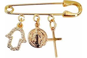 18K Gold-Plated Baby Brooch Safety Pin with Saint Benedict Medal and Protective Charms, Small, Brass, no gemstone