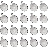 GSHLLO 60 Pcs 1 Inch Round Metal Pendant Trays Cabochon Bezel Blanks Photo Jewelry Making Bezels Blank Charm Frames Bases Earring Mold Bezels with Loop for Necklace Craft