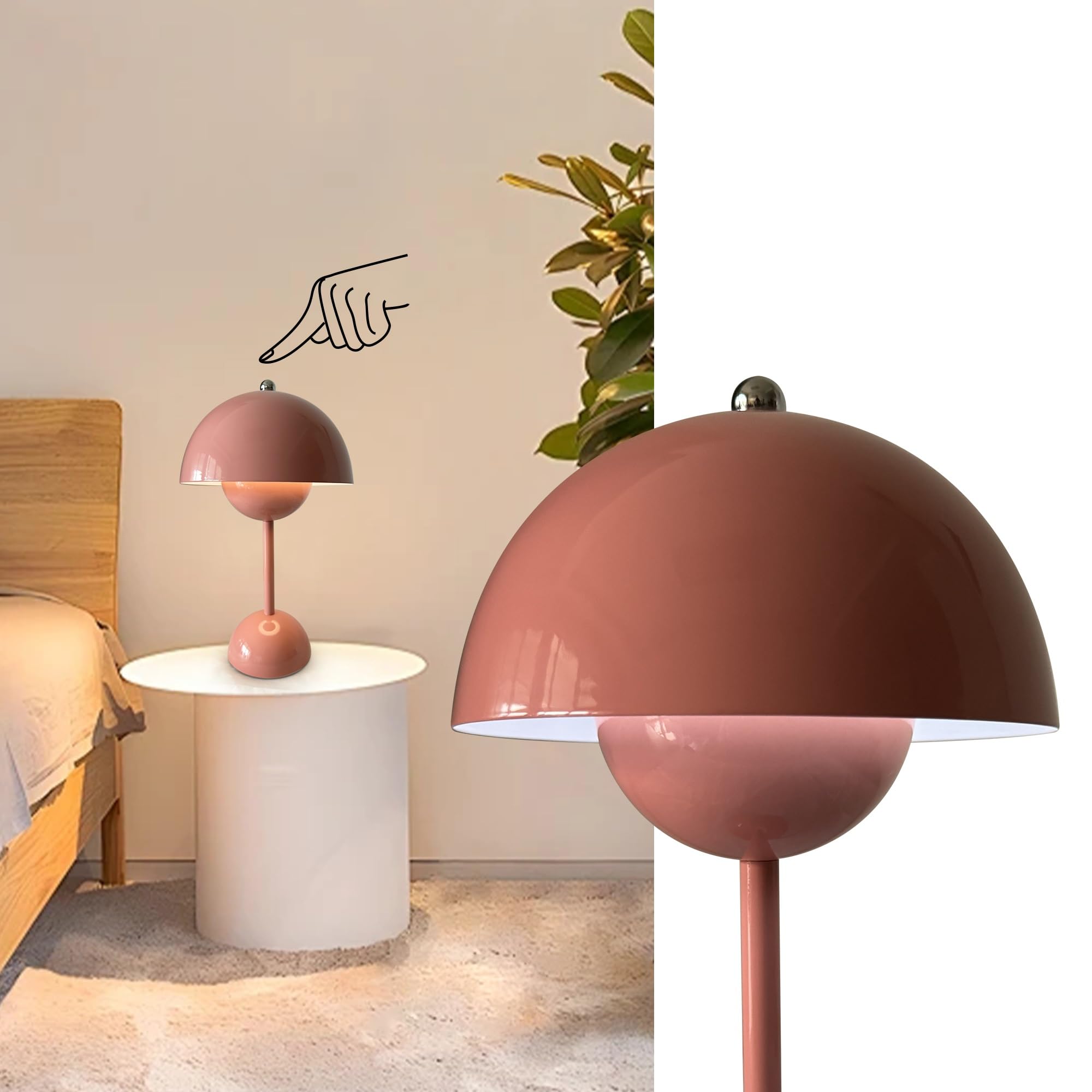 Photo 1 of Qichksum Flowerpot Table Lamp with USB Charging Cable, 3 Colors Stepless Dimmable Touch Desk Lamp, Cute Dome Shade Mushroom Bedside Reflecting Light for Nightstand Bedroom, Restaurant (Pink)