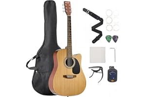 VEVOR Cutway Acoustic Guitar, 41 in, 6-String, Natural Solid Spruce Top Guitar, Beginner Bundle with Gig Bag, Tuner, Strap, Steel Strings, Picks, Capo, Rosewood Fingerboard, for Fingerstyle Solo Jazz