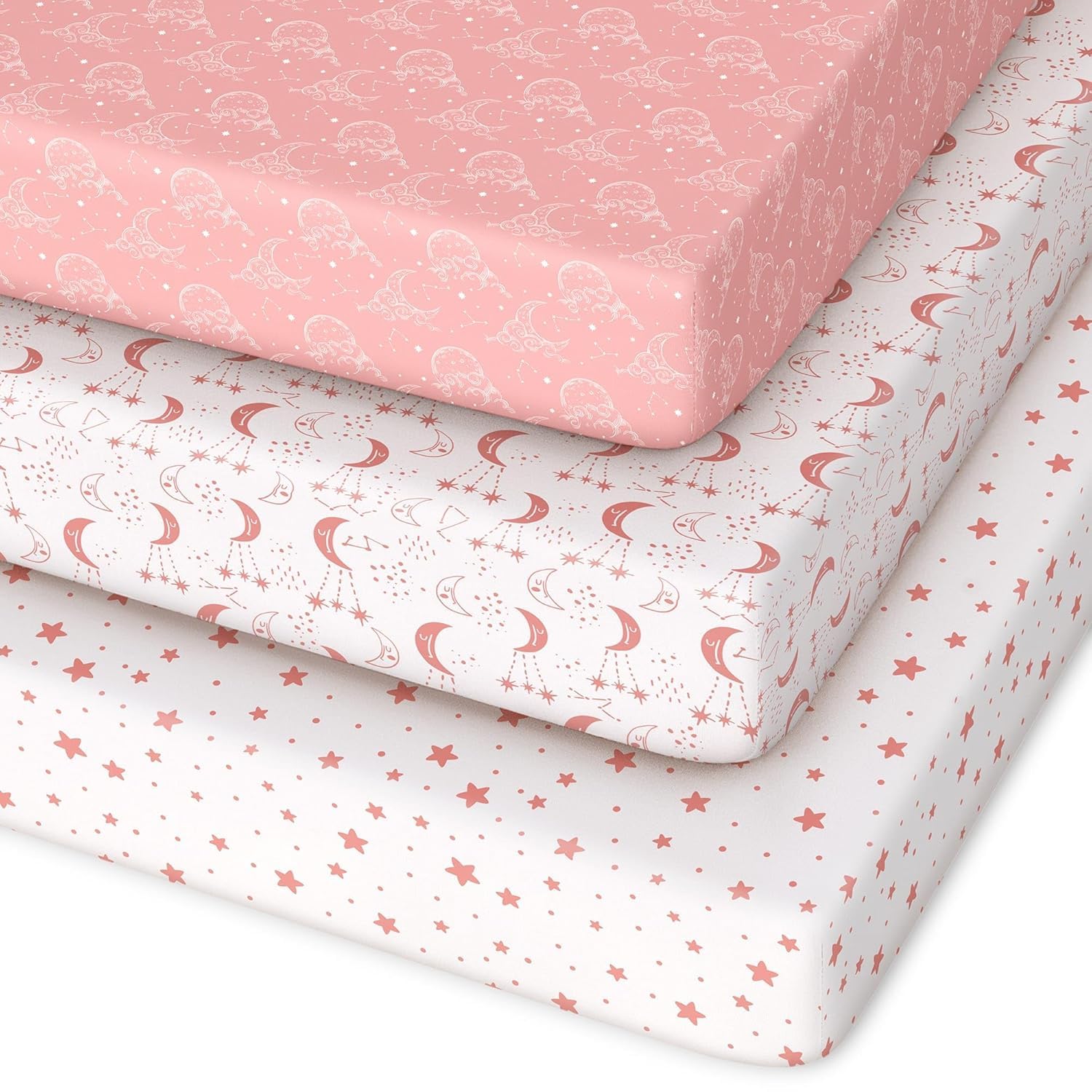 Unnivoll Travel Cot Sheets 95 x 65 cm Fitted Super Soft & Breathable Travel Cot Mattress Sheets 3 PackWhite Pink Moon