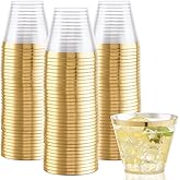 Hioasis 200Pcs 9OZ Clear Cups - Plastic Disposable Cups with Gold Trim, Heavy Duty & BPA-free for Party, Wedding, Reception