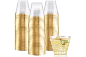 Hioasis 200Pcs 9OZ Clear Cups - Plastic Disposable Cups with Gold Trim, Heavy Duty & BPA-free for Party, Wedding, Reception