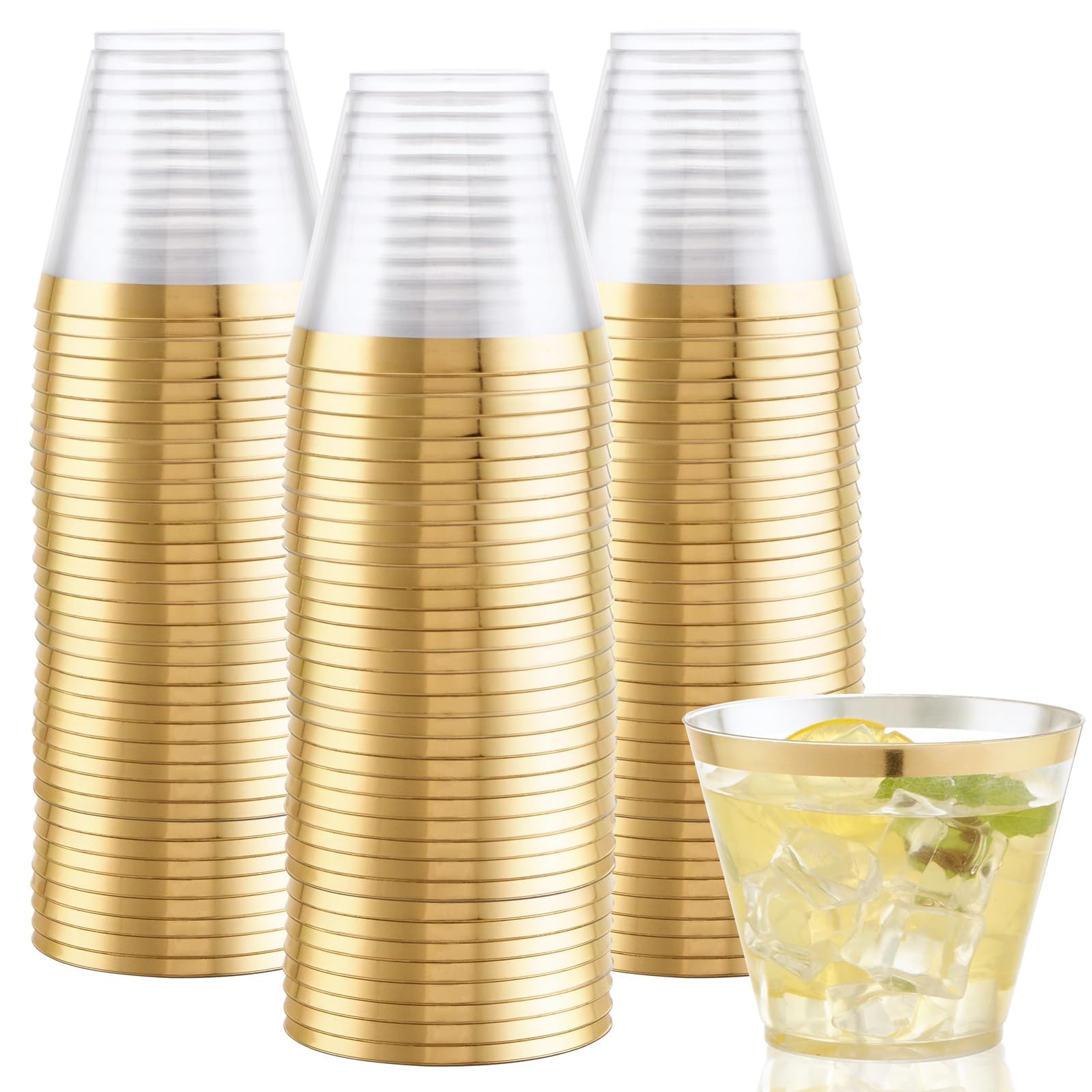 Photo 1 of ***PARTIAL SET/ 85 CUPS*** Hioasis 200Pcs 9OZ Clear Cups - Plastic Disposable Cups with Gold Trim, Heavy Duty & BPA-free for Party, Wedding, Reception