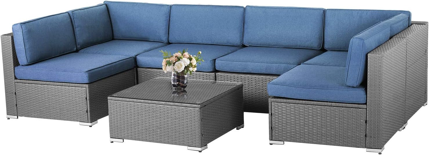 Amazon Com Solaura 7 Piece Outdoor Furniture Set Gray Wicker Furniture Modular Sectional Sofa Set With Ykk Zipper Coffee Table Denim Blue Garden Outdoor