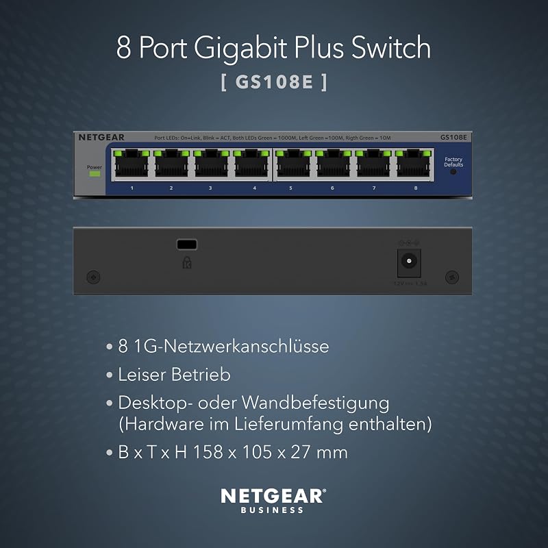 8-Port Gigabit Ethernet Plus Switch (GS108E): Managed, Desktop- oder Wandmontage und eingeschränkte Garantie über die gesamte Lebensdauer