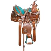 LEATHERRIDE Western Leather Barrel Saddle Floral Embossed Tooled Trail Rodeo Horse Saddle with Matching Headstall, Reins and Breast Collar