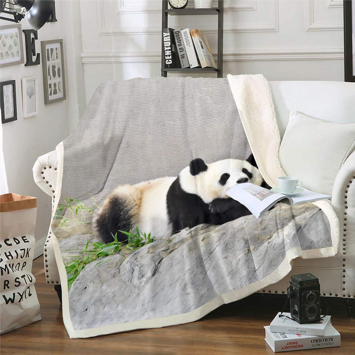Sherpa Panda Blanket - Plush Animal Pattern Fleece Throw for Sofa, Bed - Ultra Soft Giant Panda Bear Design - Fuzzy Blanket - Double - 60x79 Inch