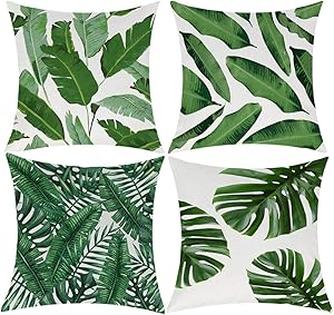 EZVING Pack of 4 Tropical Leaves Throw Pillow Cover Decorative Cotton Linen Burlap Square Outdoor Cushion Cover Pillow Case for Car Sofa Bed Couch 20x20 Inch