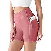 Desol 5" Cross Waist Biker Shorts with Pockets, Ribbed Women Yoga Shorts, Soft Tummy Control Tight Shorts for Gym Athletic