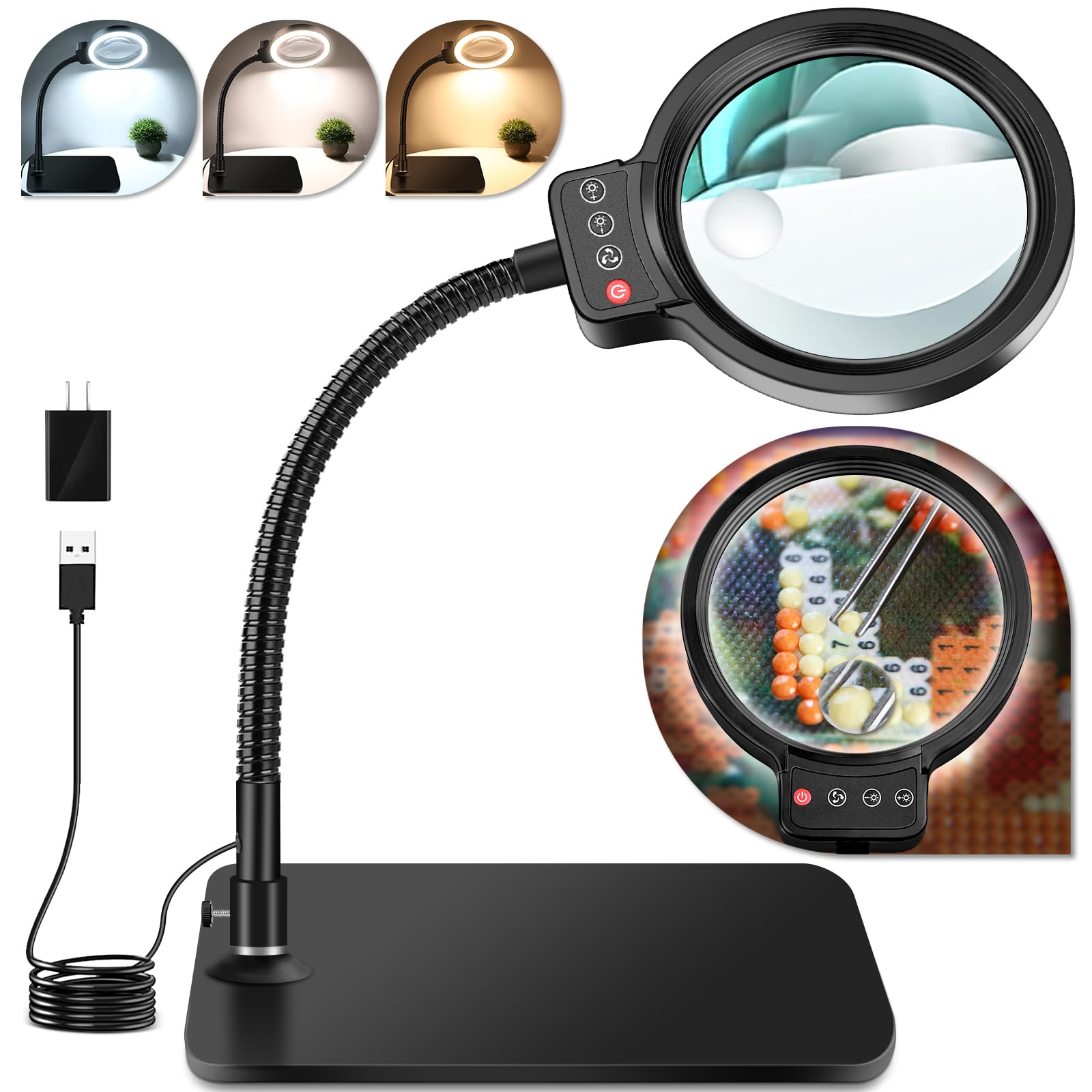 Photo 1 of 30X 10X Magnifying Glass with Light and Stand, 72 LED 3 Color Modes Stepless Dimmable, Hands Free Lighted Magnifier Desk Lamp for Close Work Craft Hobby Painting Sewing Jewelry Reading, Square