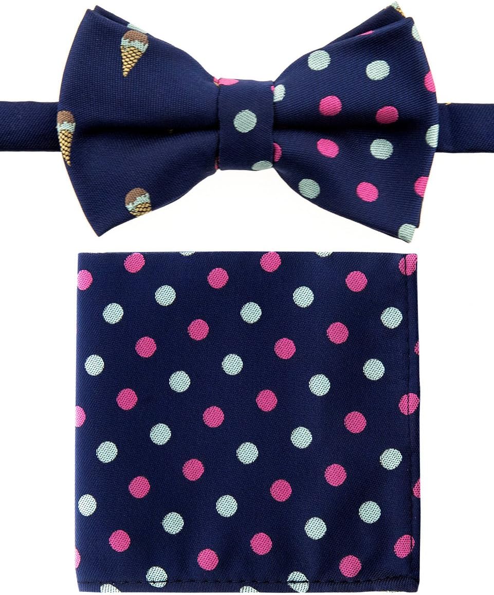 Sweet Ice Cream Pre-tied Boy's Bow Tie with Stripes Pocket Square Set