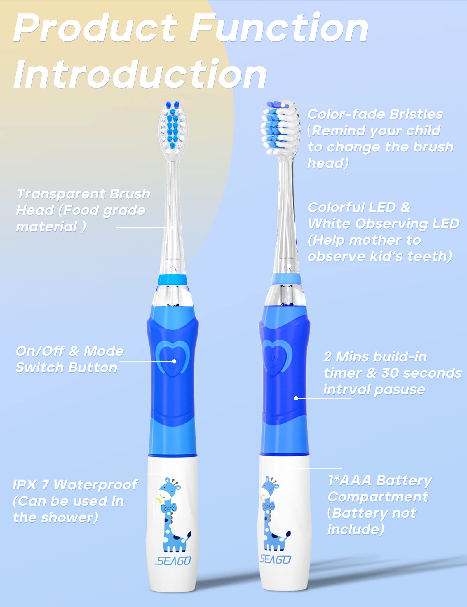 SEAGO Kids Electric Toothbrush with 2 Mins Brushing Timer and 4 Replacement Bursh Heads, Rainbow LED Light Make Brushing Fun, Blue Color Boys Battery Powerd Toothbrush for 4-12 Years Old，SG-977