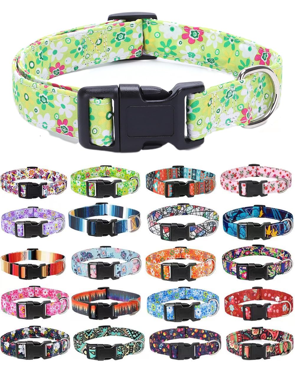 Moonpet Dog Collars for Puppy X-small Small Medium Large Dogs - Unisex Cute Design Boys Girls Dog Pet Collar Soft Adjustable Bohemia Fancy Floral Dog Collars-Green Floral-S