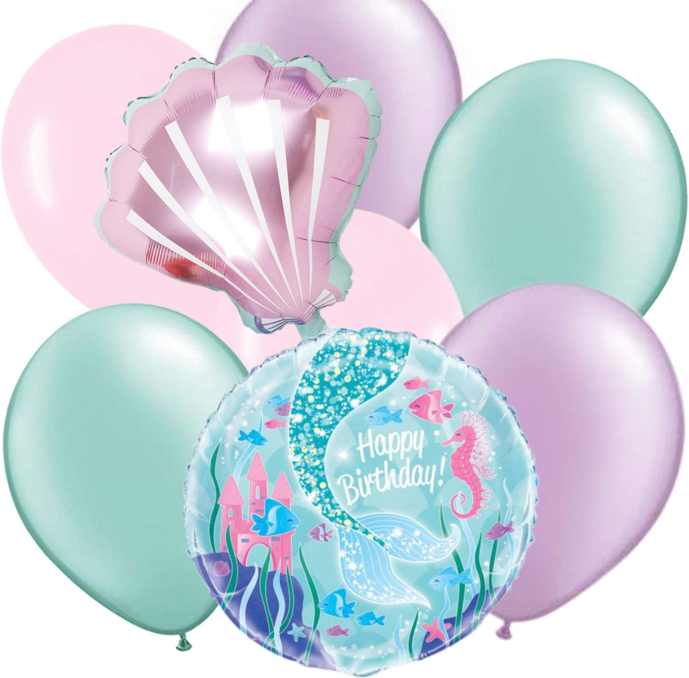 Mermaid Balloons Party Decorations | 8 Balloons Set | Light Pink, Light Purple and Mint Colors | Includes 6 Plain Colored Balloons, 1 Seashell Shaped Balloon and 1 Round Mermaid Themed Balloon with Ha