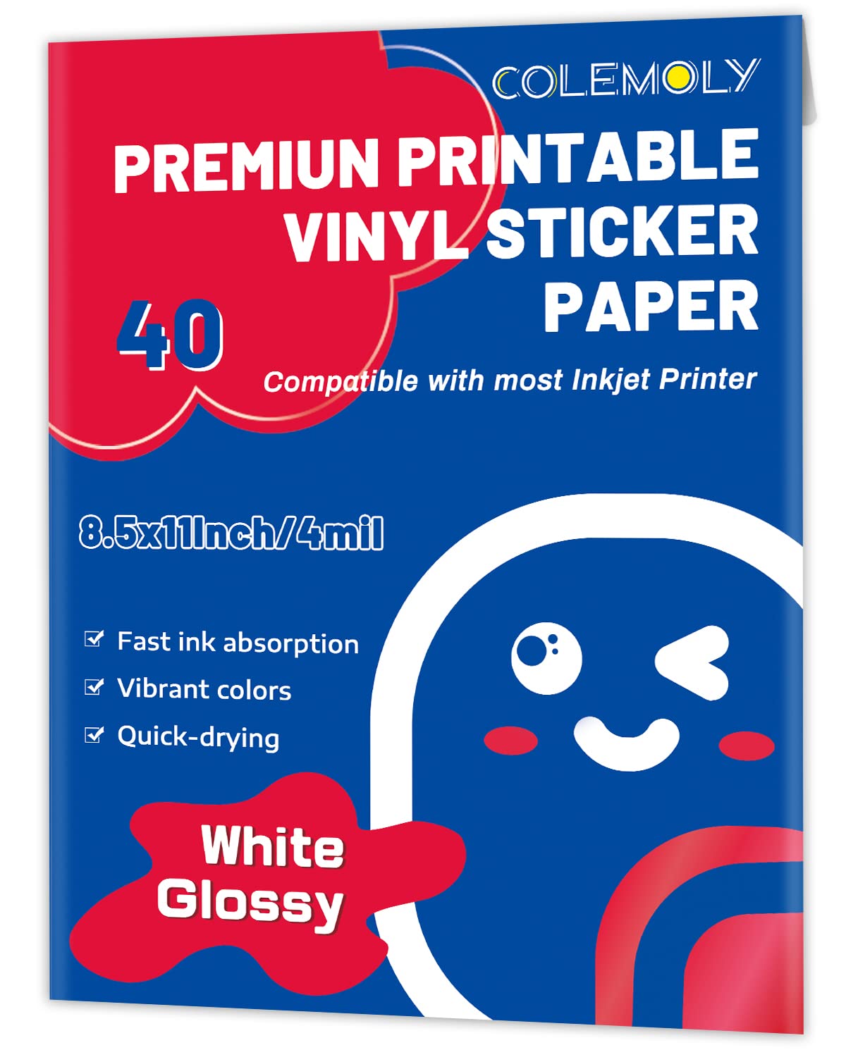 Photo 1 of Colemoly Sticker Paper Glossy Printable Vinyl for Inkjet Printer 40 Adhesive Sheets White Decals Waterproof Quick Drying Tear and Scratch Resistance Labels Letter Size 8.5x11 in for Craft,Scrapbook