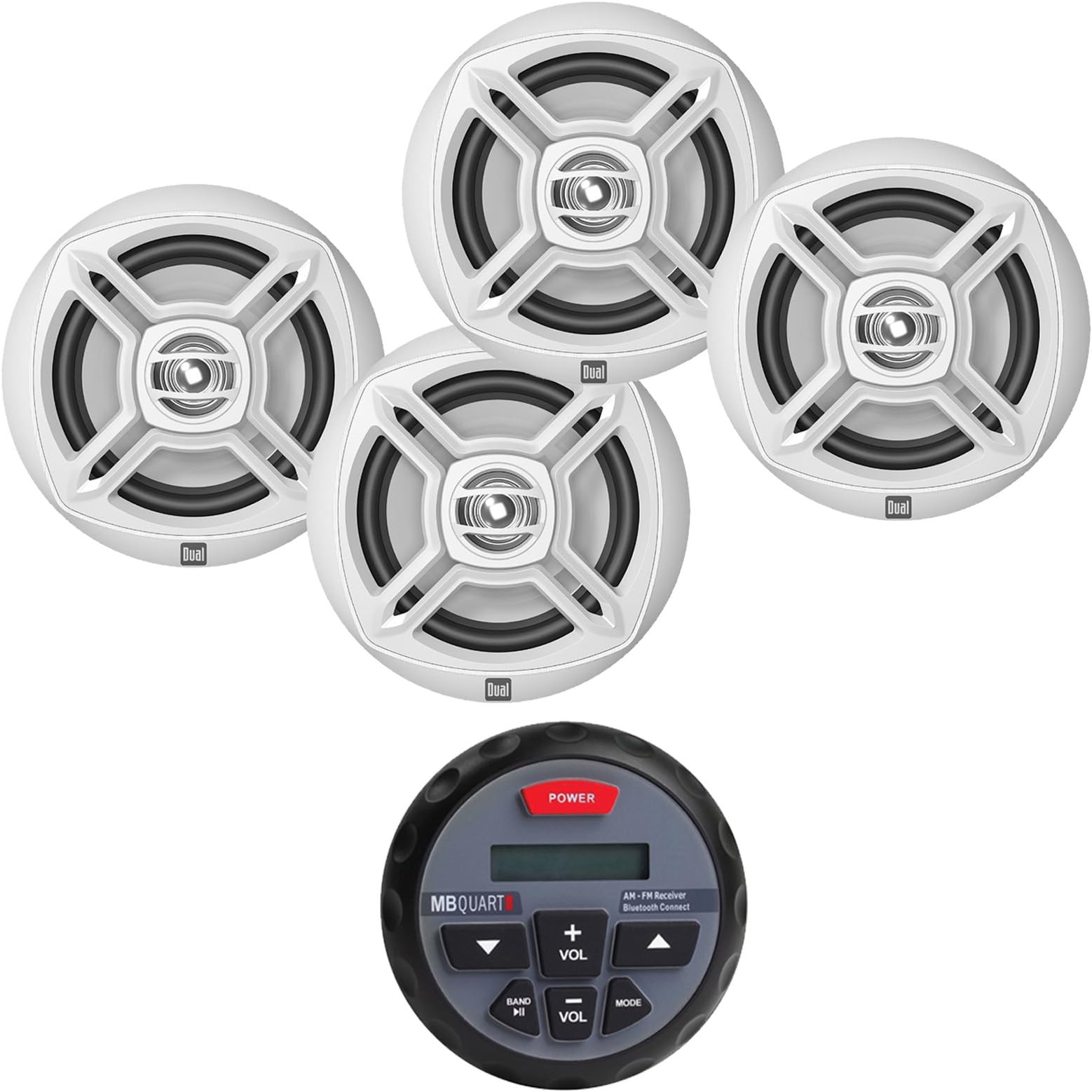 New MB Quart GMR-1 Bluetooth Enabled Gauge Mount Marine Boat Yacht Stereo AM/FM Radio Player with 4 X Dual 6.5" Marine Audio Spekaers System - Great Marine Outdoor Stereo Package (White)