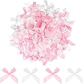 LXUEJIE 100 Pcs Mini Satin Ribbon Bows, Mini Pink Bows, Small Satin Fabric Ribbons Bow, Satins Fabric Ribbons for Crafts, Tiny Bow for Wedding Party Favors, Gift Box Decorations (Pink, White)