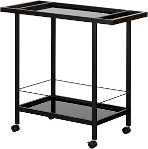 South Shore Metal Bar Cart on Wheels with Glass Shelves, Black Tempered Glass