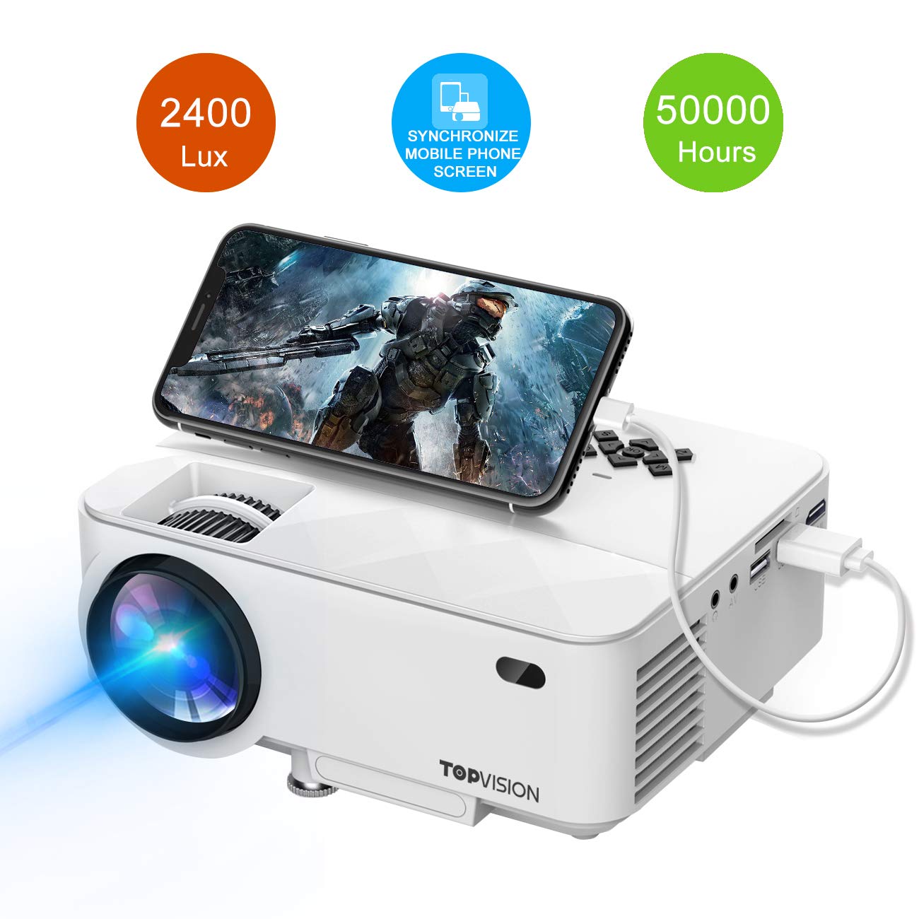 T TOPVISION Mini Projector, 2400Lux Projector with Synchronize Smart Phone  Screen, Supported 1080P,