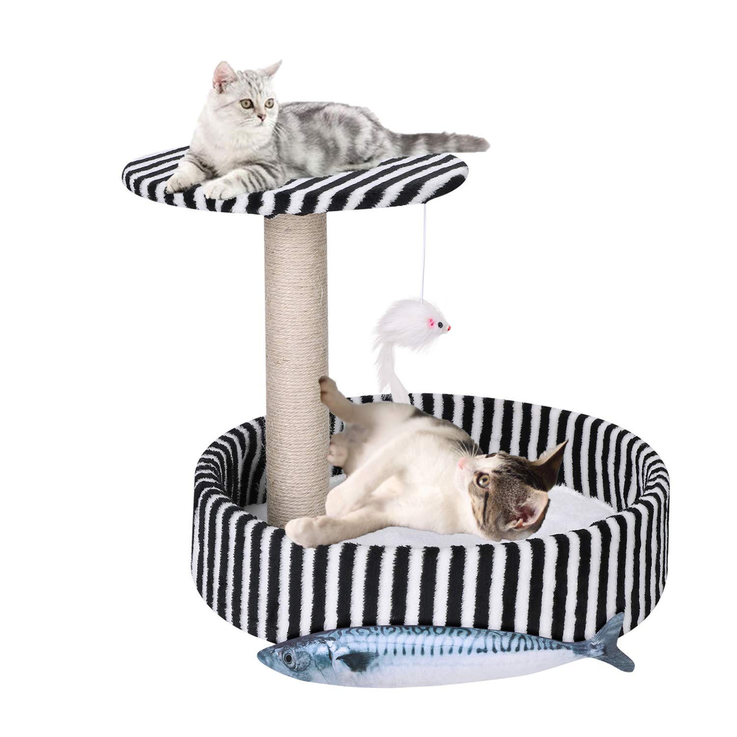LONTG Cat Scratching Post Cat Activity Centre Cat Tree Climbing Tower Cat Furniture Play House with Cat Bed Scratcher Perch Dangling Ball Hanging Teaser Mouse Cat Kicker Fish Toys Gift For Kittens