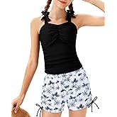 Sewetier Girls Tankini Swimsuit 2 Piece Ruched Tie-Straps Swimwear Drawstring Swim Shorts Girl Bathing Suit 7-16Y