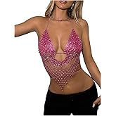 SweatyRocks Women's Glitter Rhinestone Criss Cross Halter Tops Backless Sleeveless Asymmetrical Party Crop Tops