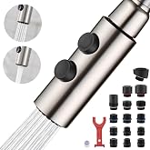 TIORIY Metal Kitchen Faucet Head Replacement, Pull Down Spray Head with 15 Adapters, 2 Function Kitchen Sink Spray Nozzle, Stainless Steel, Brushed Nickel