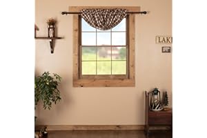 VHC Brands Rustic Kitchen Rory Rod Pocket Cotton Plaid Curtain, Balloon Valance 15x60, Brown