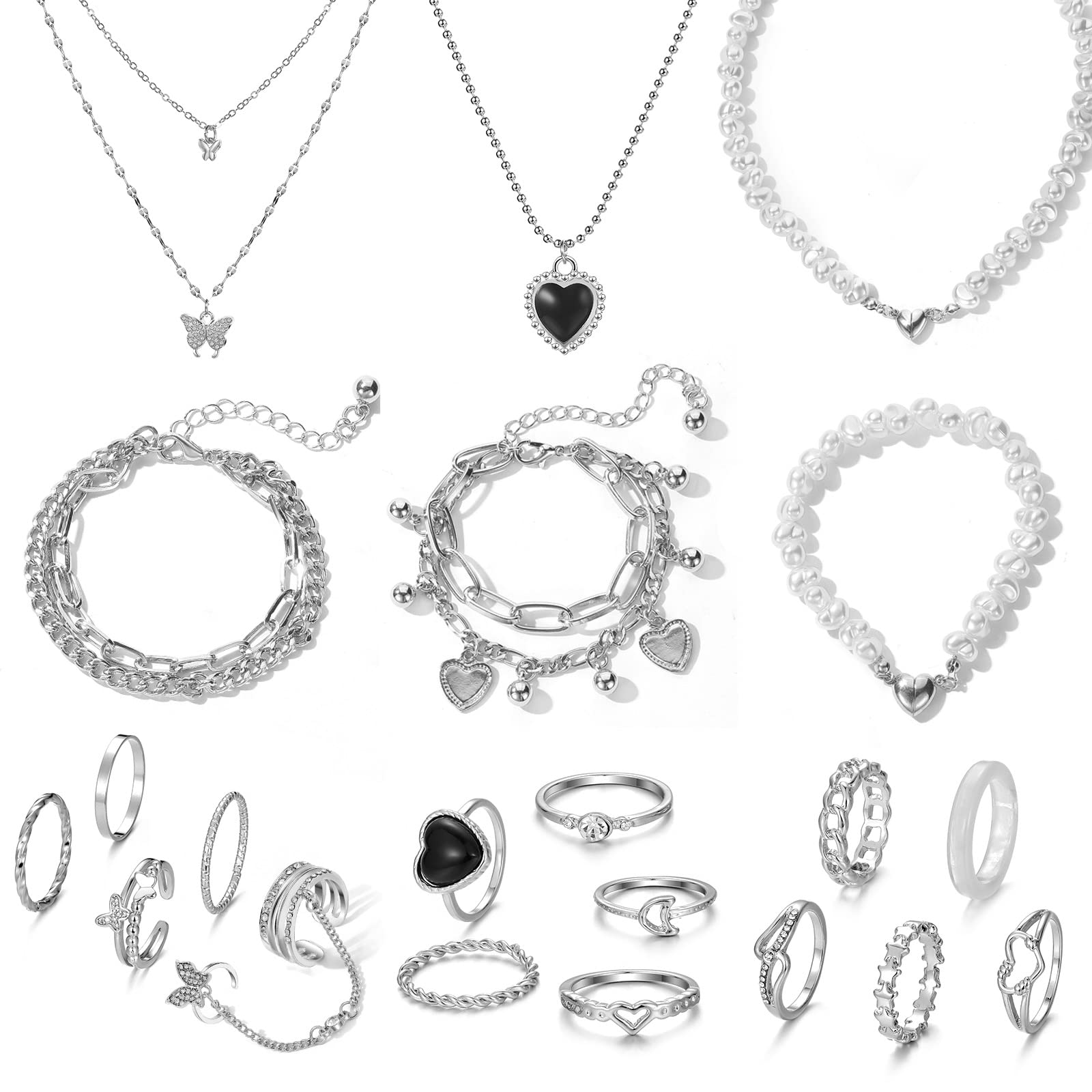 IFKM 36 PC Silver Plated Jewelry Set With 3 Necklace, 12 Bracelet, 7 Ear Cuffs Earring, 14 Knuckle Rings For Women Girls Valentine Anniversary Birthday Friendship Gift
