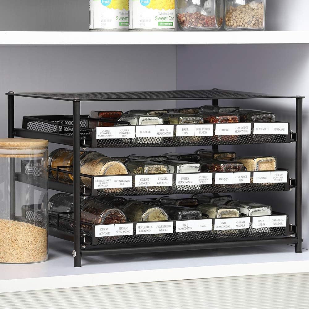 NEX 3-Tier Spice Rack 30 Bottle Standing Spice Drawer Storage Organizer for Kitchen Cabinet Countertop Dark Brown: Kitchen & Dining