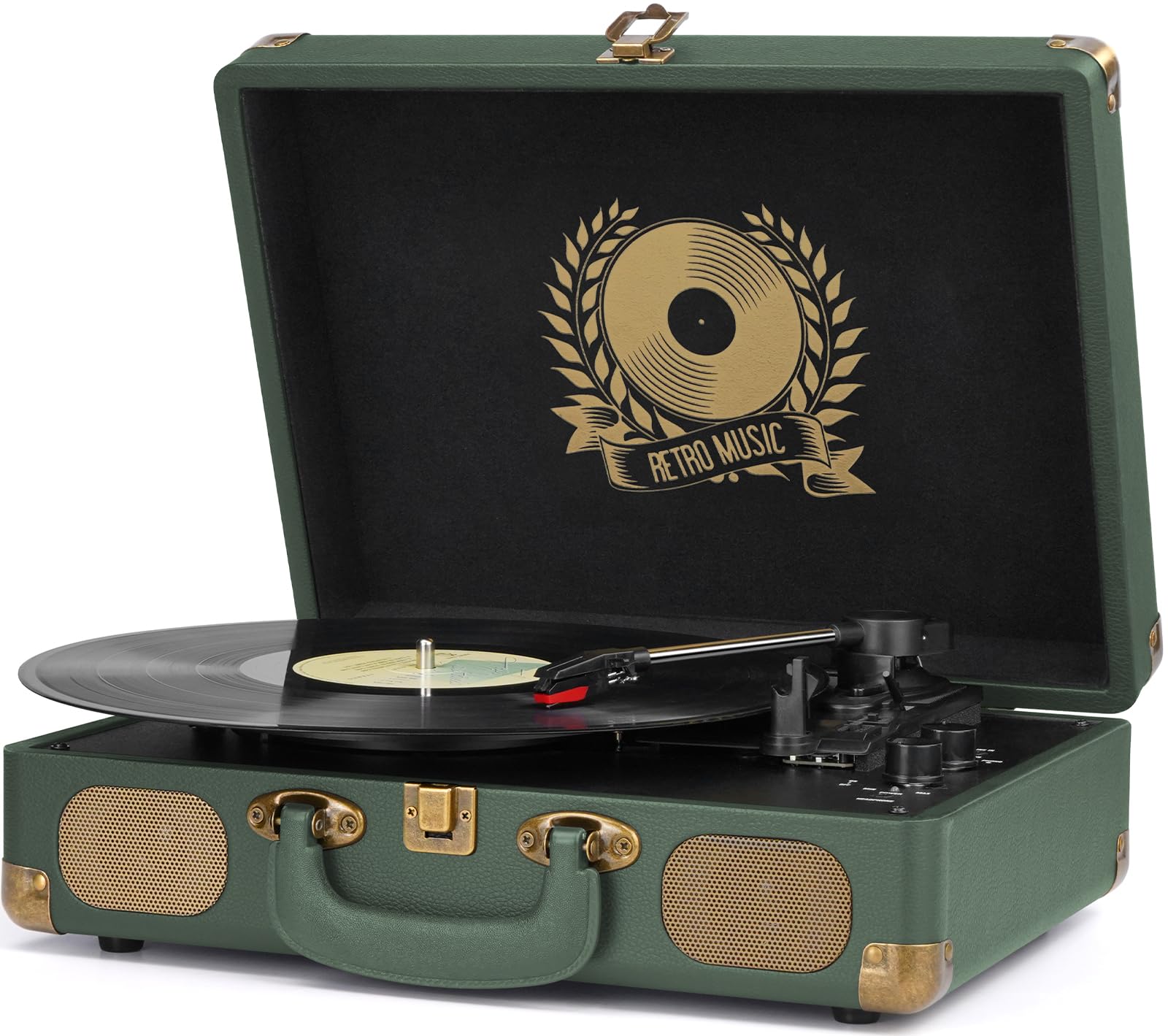 Photo 1 of Vinyl Record Player Bluetooth Turntable 3-Speed Suitcase Portable Vintage Belt-Driven Record Player with Built-in Speakers RCA Line Out AUX in Headphone Jack Military Green