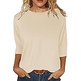 JomeDesign Womens Tops 3/4 Sleeve Shirts Round Neck Loose Casual Blouses Solid Color Tshirts