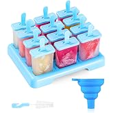 ANSMIO Popsicle Molds, 12 Reusable Ice Pop Molds with Stand, Collapsible Funnel and Cleaning Brush, BPA-Free Popsicle Maker for Homemade Fruit Pops, Yogurt Pops and Frozen Snacks